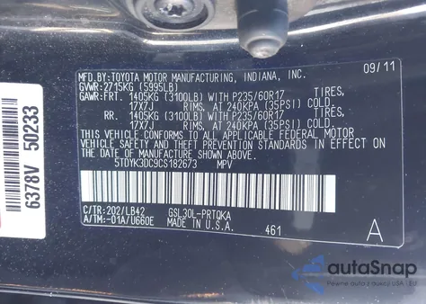 2012 Toyota Sienna Xle V6 8 Passenger из США, поврежденный, VIN 5TDYK3DC9CS182673